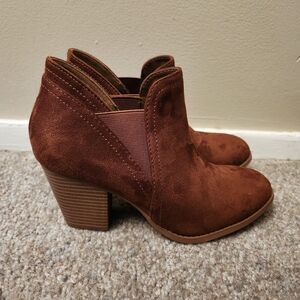 Women's Chestnut Suede Ankle Booties with Stacked Heel